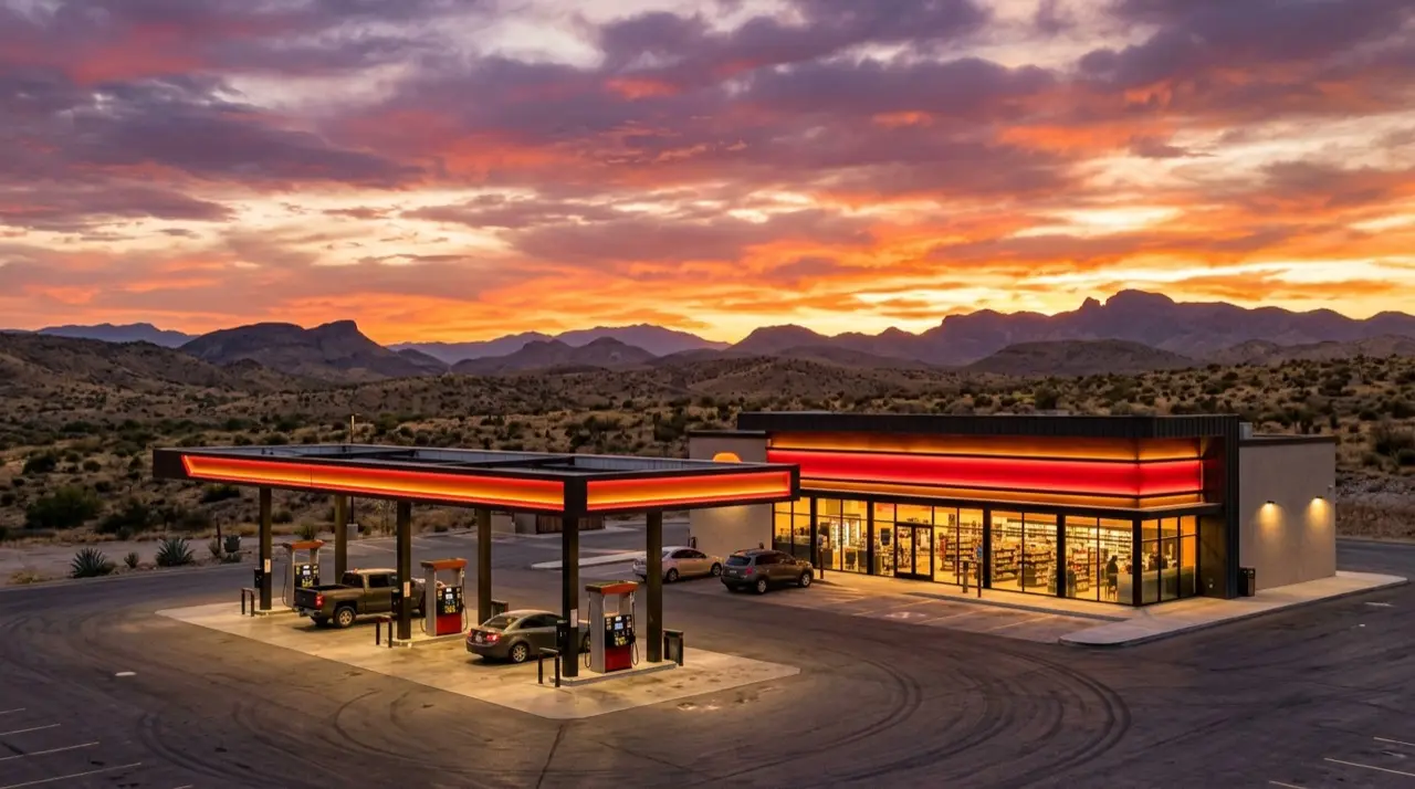 Estación y tienda Milo Express al atardecer en el desierto de Chihuahua