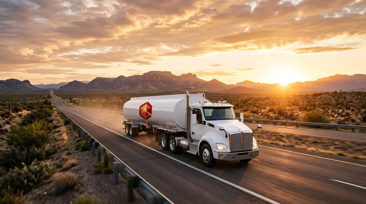 Pipa de combustible en carretera chihuahuense al amanecer
